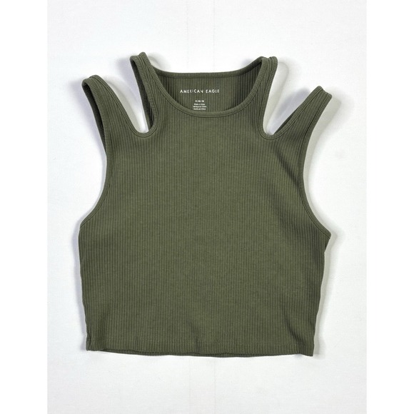 American Eagle Outfitters Tops - American Eagle Tank Top Womens Medium Sage Green Ribbed Cropped Cold Shoulder